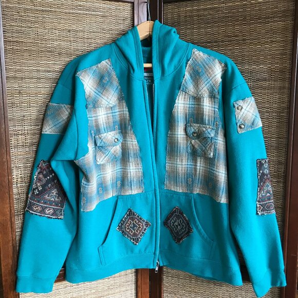 Upcycled Patchwork Jacket, Size L: Teal Tribal Zip-Up Hoodie, Southwest Aztec - Picture 12 of 16